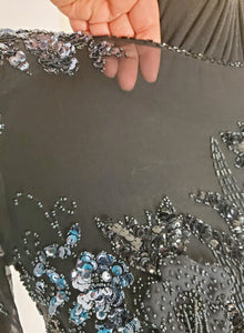 close up view of sheer fabric on Vintage Black and Gunmetal Beaded Dress
