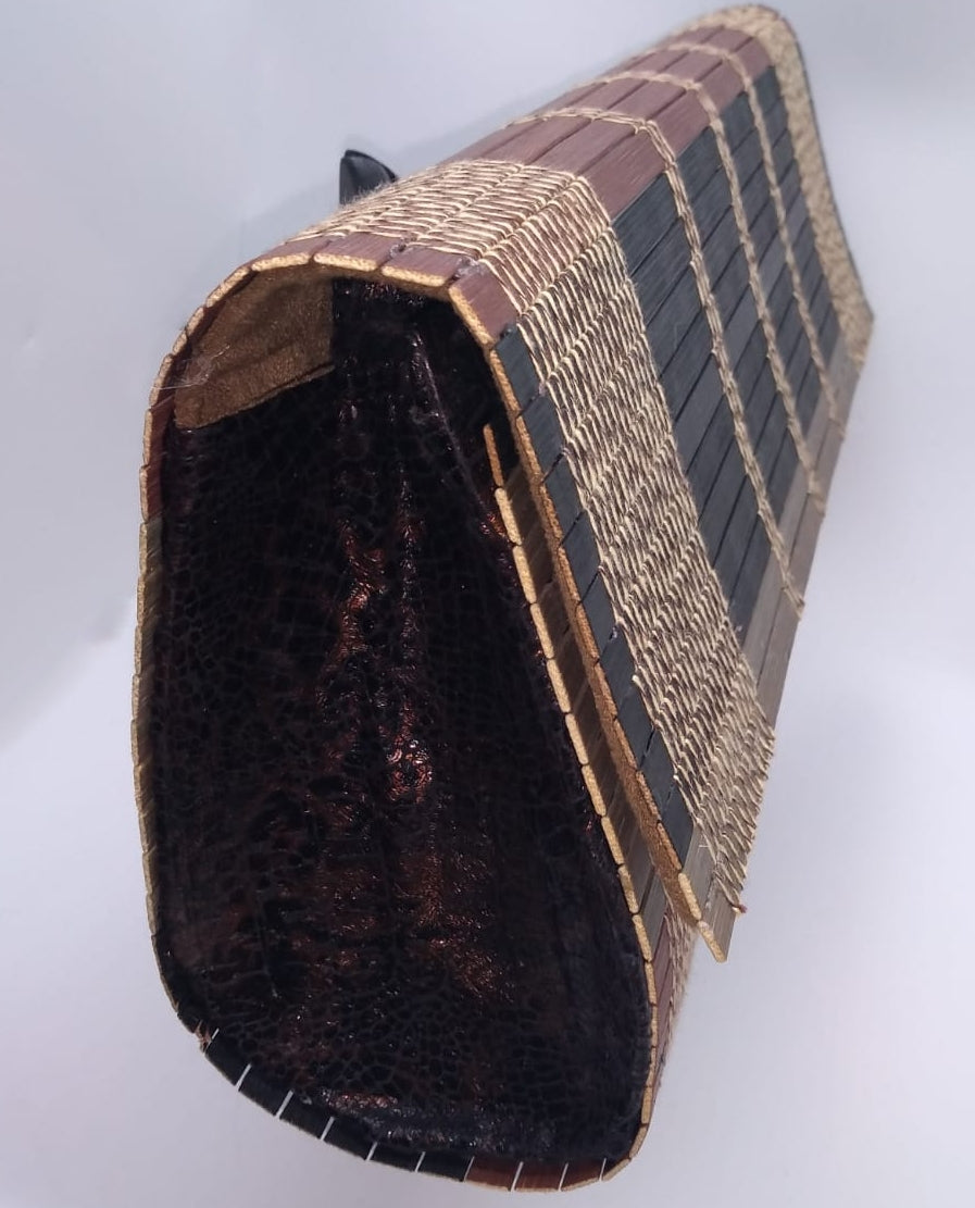 Striped wood clutch side view of animal print side details