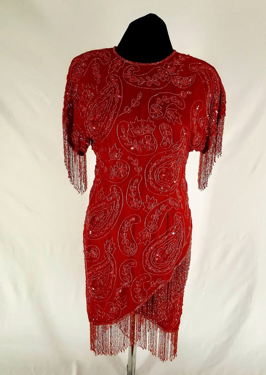 80s Red Sequin Fringe Gown