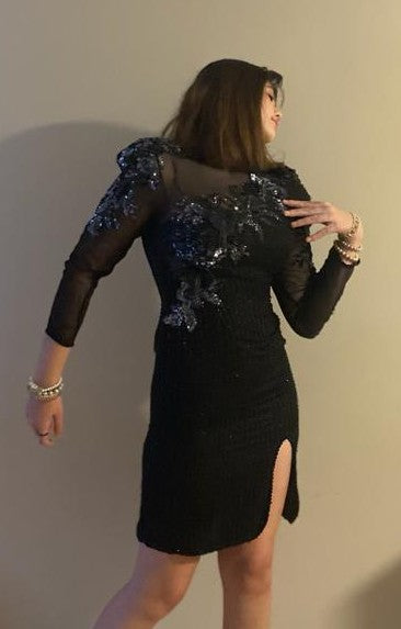 Vintage Black and Gunmetal Beaded Dress on model