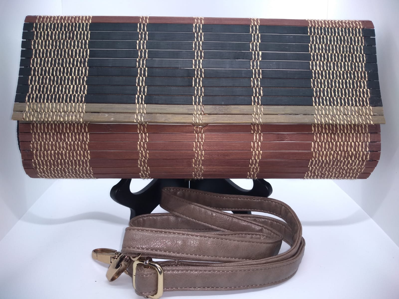 Striped wood clutch with brown faux leather crossbody strap
