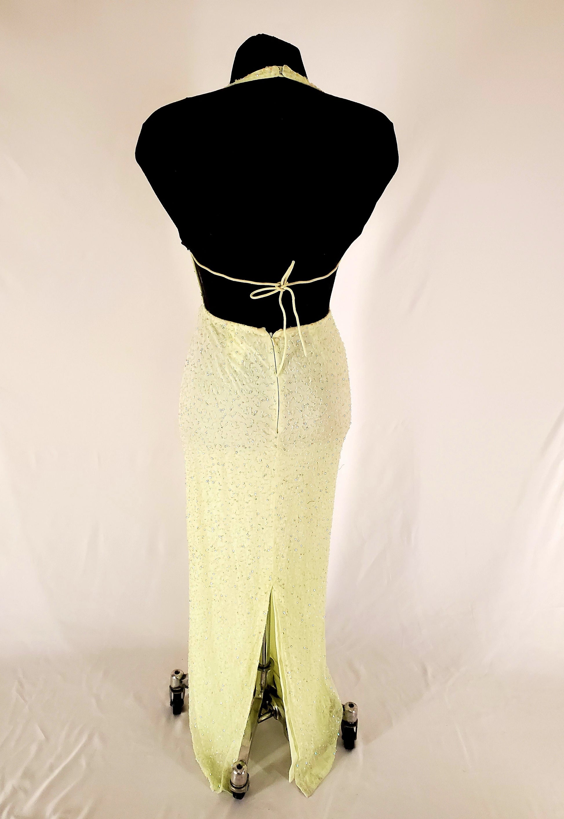 Back View of 90s Lemon and Iridescent Beaded Halter Gown