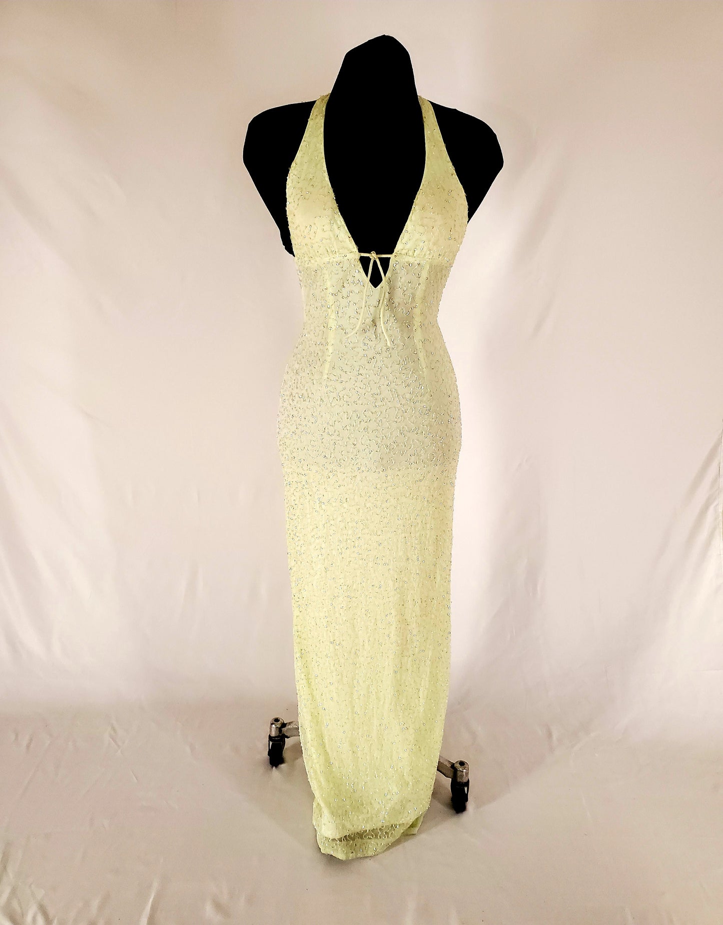 Front View of 90s Lemon and Iridescent Beaded Halter Gown