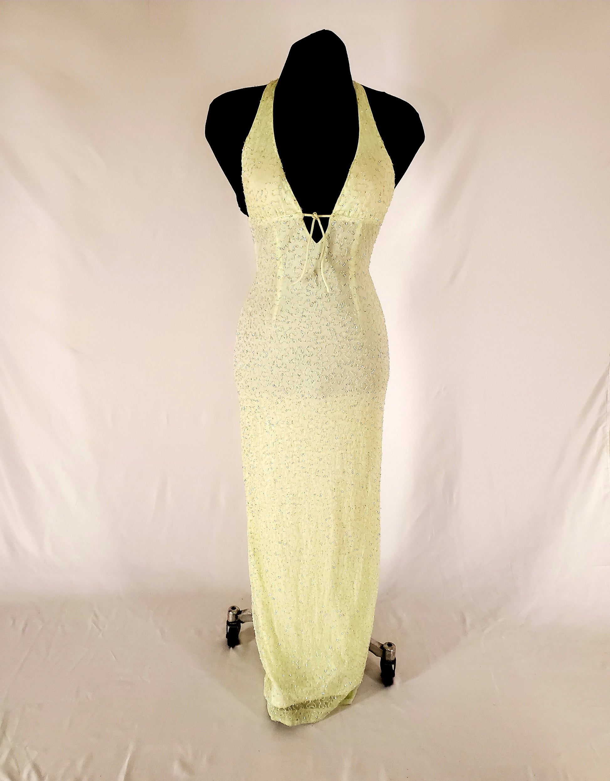 Front View of 90s Lemon and Iridescent Beaded Halter Gown